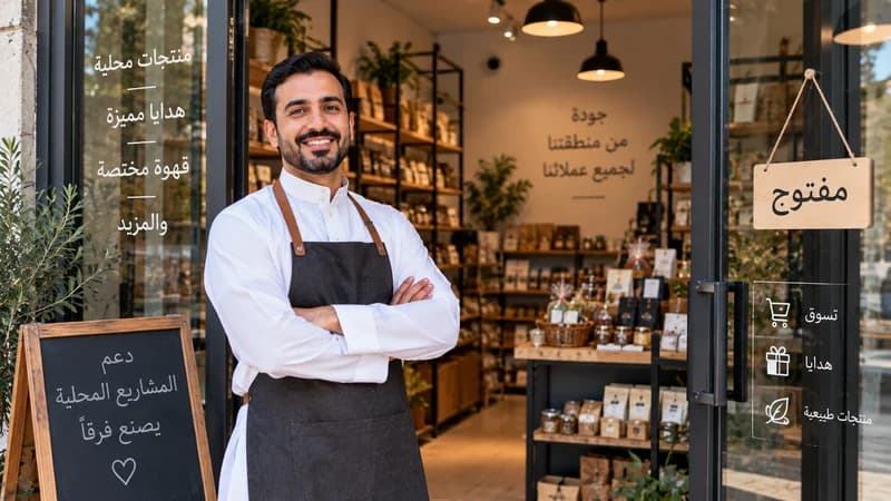 صاحب متجر عربي يقف مبتسماً عند مدخل محله عاقداً ذراعيه، وخلفه رفوف منتجات محلية، وعلى الباب لافتة معلّقة مكتوب عليها «مفتوح» ولوح جانبي يعدّد ما يبيعه المحل.