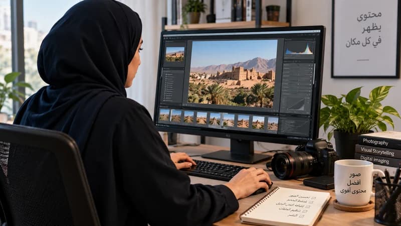 امرأة ترتدي حجاباً أسود تجلس أمام شاشة يعمل عليها برنامج تحرير صور مفتوح على صورة لقلعة طينية بين النخيل، وبجانبها كاميرا ودفتر يحمل قائمة خطوات لتحسين الصور.