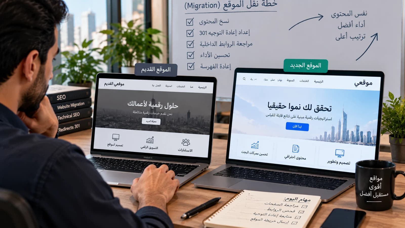 حاسوبان محمولان جنباً إلى جنب، أحدهما معنون «الموقع القديم» والآخر «الموقع الجديد»، وخلفهما لوح يعرض «خطة نقل الموقع» وقائمة تشمل إعادة التوجيه 301 وإعادة الفهرسة.