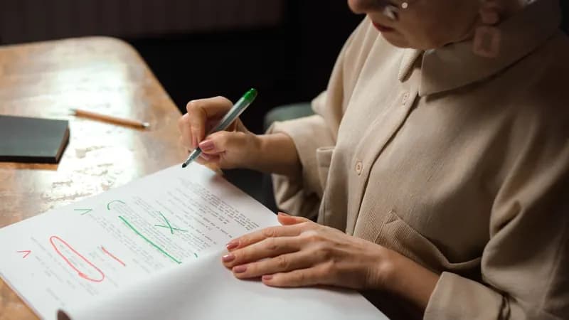 سيدة تراجع مسودة مطبوعة على مكتب خشبي وتضع عليها علامات بقلم أخضر وأخرى بالأحمر.