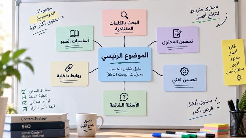 مخطط لموضوع رئيسي تحيط به موضوعات فرعية ضمن عنقود محتوى.